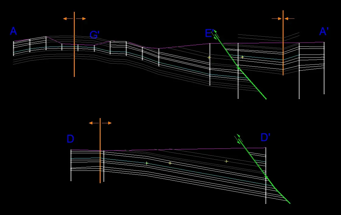 Perfiles con correlación de pozos y balance estructural para minería en rocas sedimentarias